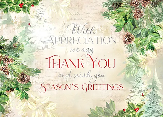 Business thank-you card reading With Appreciation we say Thank You and wish you Season's Greetings